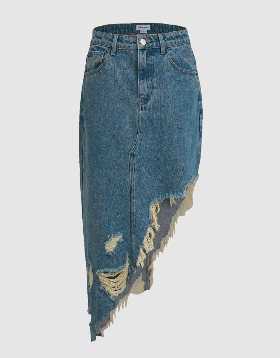 Asymmetric Raw Hem Denim Skirt