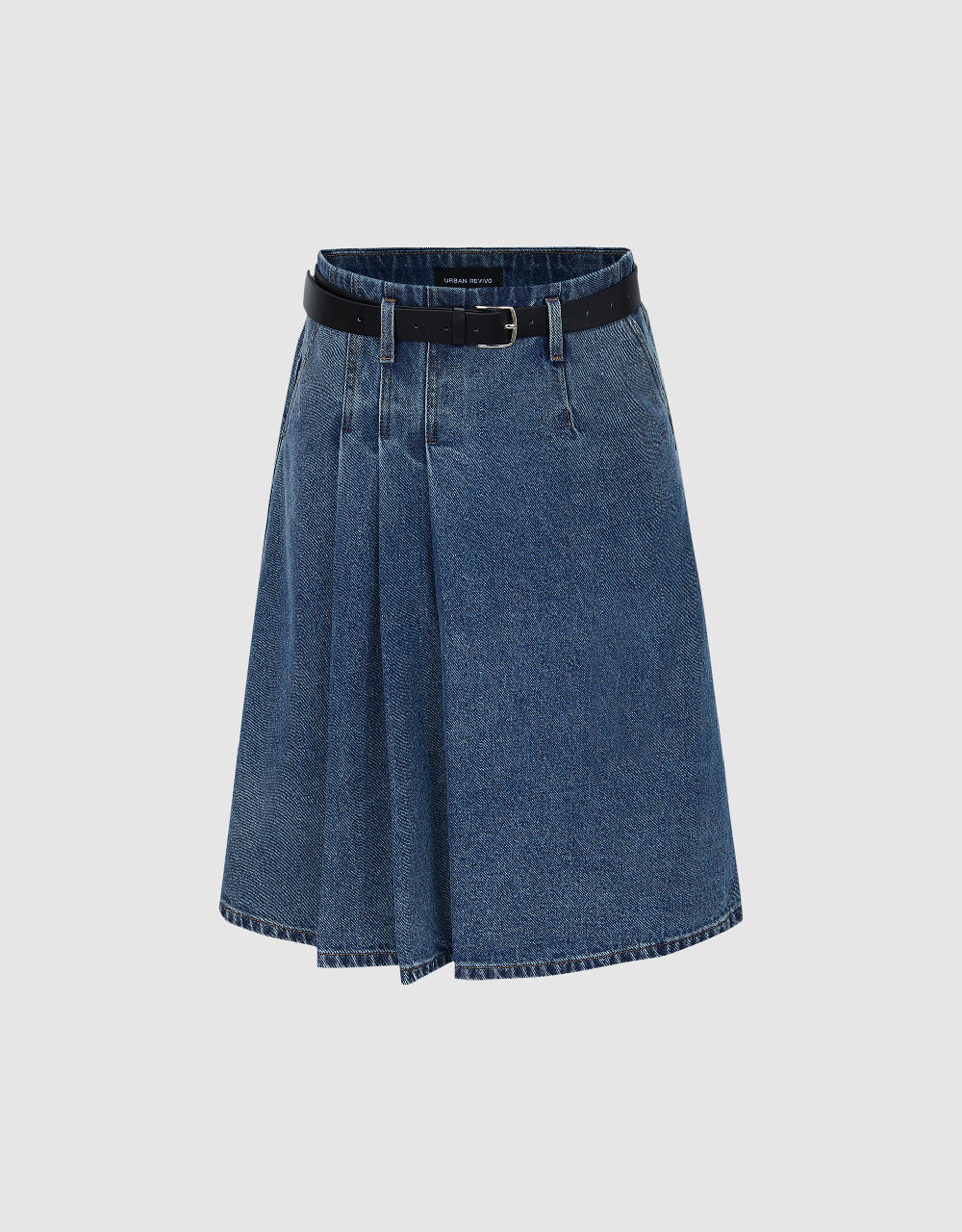 Pleated Denim Skirt With Belt