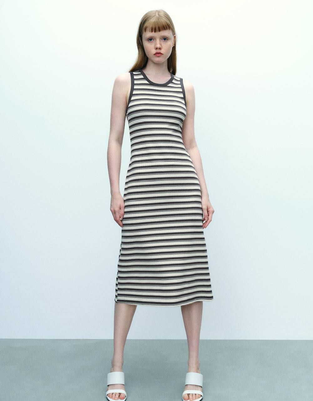 Striped Sleeveless Crew Neck Straight Dress