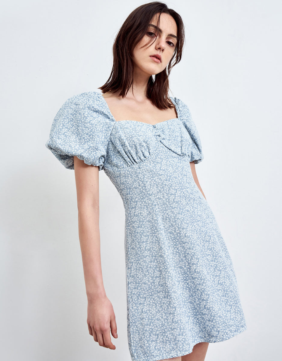 Printed Puff Sleeve Square-cut Collar Denim Dress – Urban Revivo