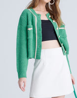 Contrast Trim Faux Pearl Button Green Cardigan