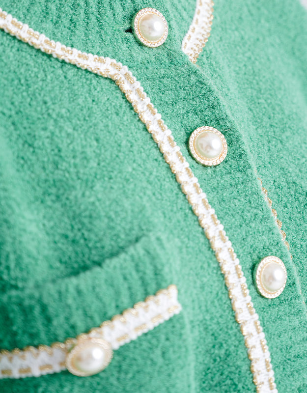 Contrast Trim Faux Pearl Button Green Cardigan