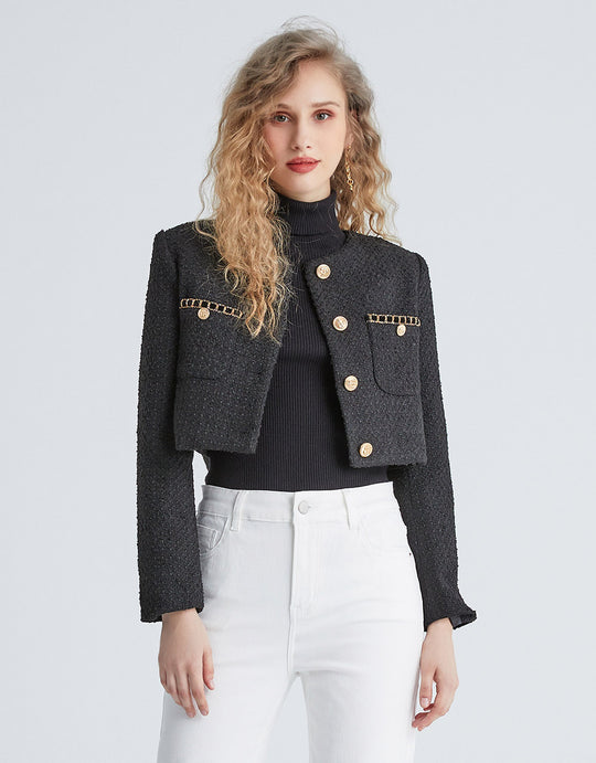 URBAN REVIVO Tweed Casual Blazer Jacket for Women Cropped Crew Open Front 2023  Fall Winter Warm Gold Button Blazer Office White at  Women's Clothing  store