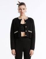 Faux Pearl Decor Tweed Knitted Cardigan W_Knitted Cardigans Urban Revivo Fashion Black Checkered XS 