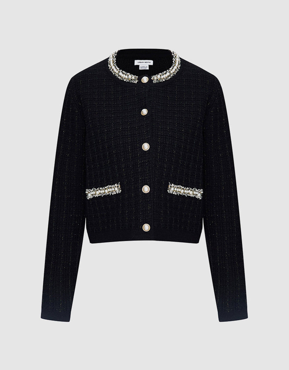 Faux Pearl Decor Tweed Knitted Cardigan – Urban Revivo
