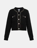 Fluffy Contrast Trim Faux Pearl Button Cardigan