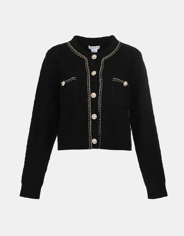 Fluffy Contrast Trim Faux Pearl Button Cardigan