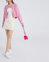 Fluffy Contrast Trim Faux Pearl Button Cardigan