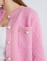 Fluffy Contrast Trim Faux Pearl Button Cardigan