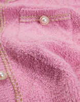 Fluffy Contrast Trim Faux Pearl Button Cardigan