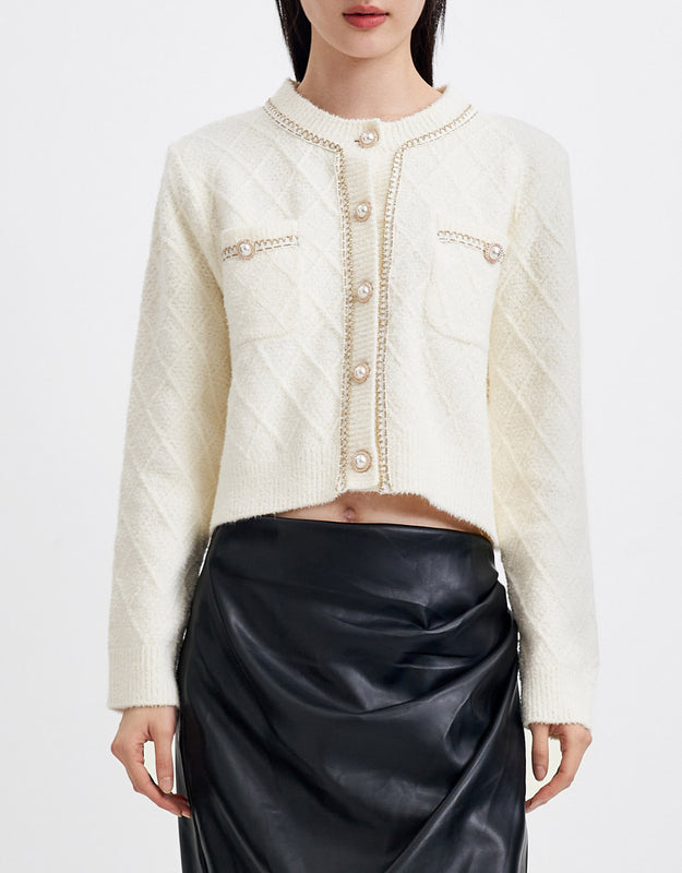 Fluffy Contrast Trim Faux Pearl Button Cardigan