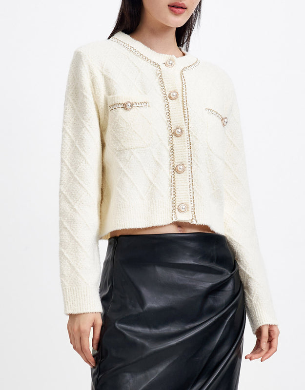 Fluffy Contrast Trim Faux Pearl Button Cardigan