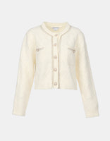 Fluffy Contrast Trim Faux Pearl Button Cardigan